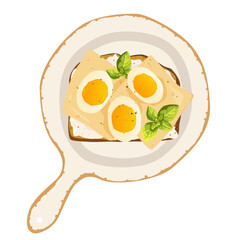 Breakfast toast with cream cheese, boiled eggs and cheese with dirks on a plate. Basil. Crispy bread. Healthy breakfast. Sandwich. Vector illustration.

