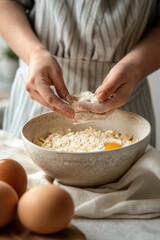 Close-up of hands working with flour and eggs in a ceramic bowl, capturing the essence of homemade...