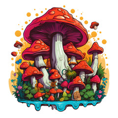 Enchanted mushroom forest, vibrant color, t-shirt design, isolated on white
