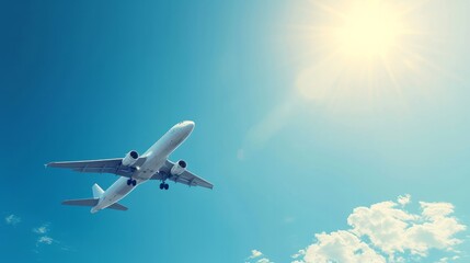 Airplane flying in the air with sunlight shining in blue sky background