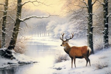 A beautiful scene of a deer in a peaceful snowy setting on a Christmas card. Generative AI