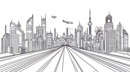 Vector illustration of a modern city infrastructure with black outlines, featuring a large highway, a train crossing a bridge, skyscrapers, and a plane flying above, all set against a white background