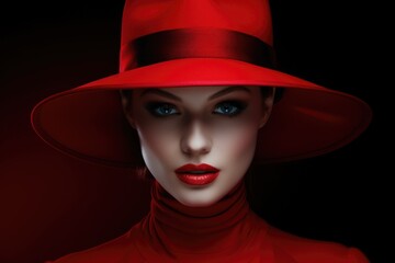Elegant lady in wide brimmed hat with red lips makeup on burgundy background. Young and beautiful woman is ready for vacation or party. Retro fashion concept. Banner with copy space - obrazy, fototapety, plakaty