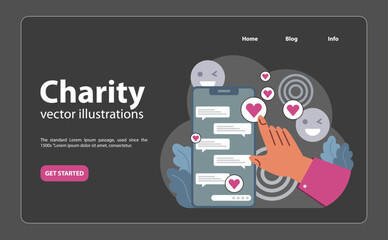 Online charity and charitable foundation night mode or dark mode web banner or landing page. Web service to help people in need. Humanitarian aid, donations support. Flat vector illustration
