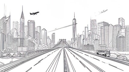 Vector illustration of a modern city infrastructure with black outlines, featuring a large highway, a train crossing a bridge, skyscrapers, and a plane flying above, all set against a white background