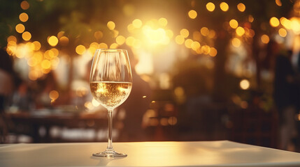 a table in a restaurant with a glass of white wine, soft golden light.Generative AI