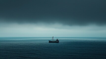 striking image of a lone Mediterranean ship sailing in a vast