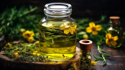 Tincture of herbs and flowers in a bottle. Herbal medicine.Generative AI