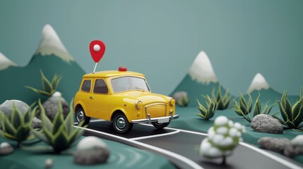 charming digital illustration of a cute cartoon-style yellow car, rendered in 3D with a planned route marked by pins