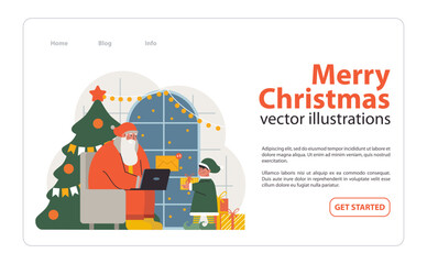 Christmas celebration web banner or landing page. Santa Claus sitting in the chair with a laptop checking emails. Elf with parcels for children packing toys. Flat vector illustration