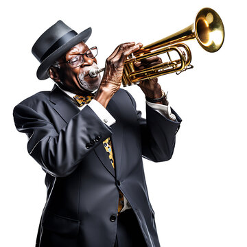 Black American man blowing trumpet on PNG transparent background