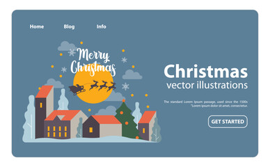 Christmas celebration web banner or landing page. Santa Claus flying on sleigh with reindeers. Christmas character with presents riding in the night. Holidays Christmas card. Flat vector illustration