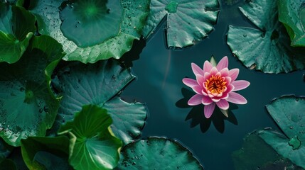 From above of bright blooming pink water lotus flower