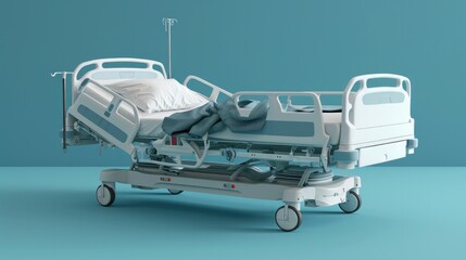 Hospital bed in a front view, isolated against a blue background