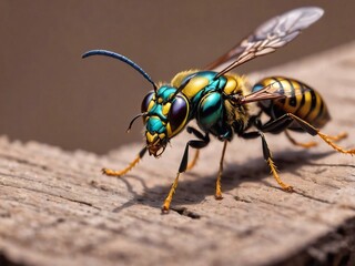 Extreme sharp and detailed view of small metallic wasp
