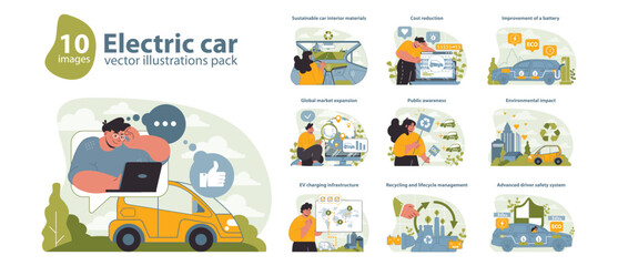 Electric Car Vector Illustrations Pack. A comprehensive set of visuals exploring electric vehicle technology, sustainability, and industry growth. Flat vector illustration.