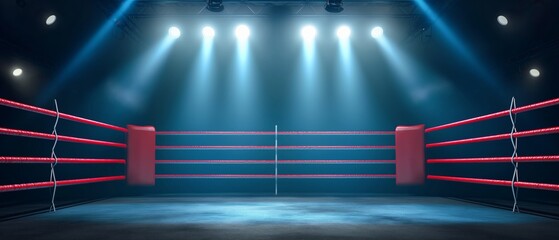 Empty professional boxing ring in the dark, illuminated spotlight. Sport background. - obrazy, fototapety, plakaty