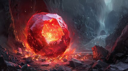 A striking image of a large, round red gemstone, set in a volcanic rock setting, emitting a mysterious power
