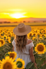 Young woman in field of sunflowers at sunset 