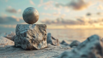 Sphere balancing on the edge of a cube - obrazy, fototapety, plakaty