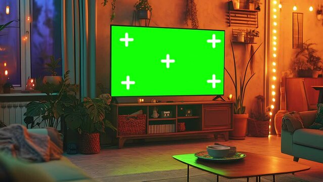 Flat-screen TV in a living room zooming out in a cosy lounge, with green screen, 4k