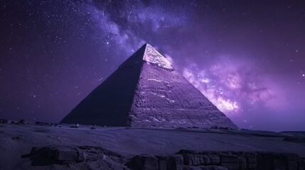 An awe-inspiring image of the Keops Pyramid from Giza, set against a fantastic purple night sky - obrazy, fototapety, plakaty