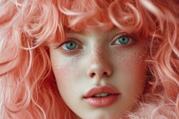 Close up vintage fashion-style portrait of young woman with peach-colored hair and lipstick and freckles and glitter on her face