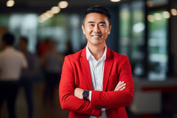 happy businessman ceo, asian man, standing in office arms crossed, in red jacket and white shirt, elegant