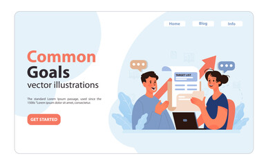 Common goals concept. Duo discussing target list, united in vision. Team collaboration for shared objectives. Aligning business aspirations. Flat vector illustration.
