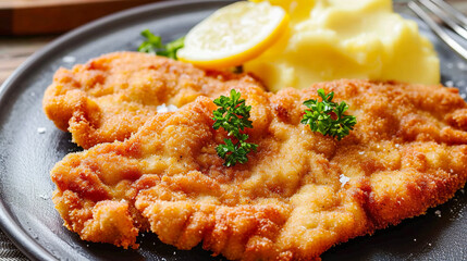 Delicious authentic breaded and deep-fried Wiener schnitzel served with lemon and mashed potatoes on a a plate