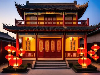 Traditional red lanterns adorn the facade of the ancient temple. Chinese New Year Celebration. Cultural architecture and festivities generated by AI