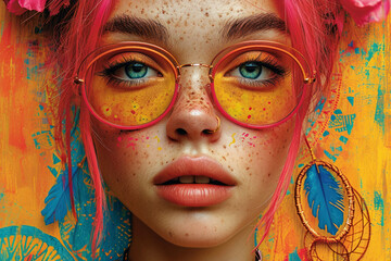 Psychedelic portrait of a young woman with pink hair, sunglasses, glitter on her skin, colorful exotic decorations in orange and blue colors. Exotic atmosphere, indigenous culture, bohemian vibes