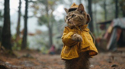 Cute tabby cat in raincoat and hat walking in the forest