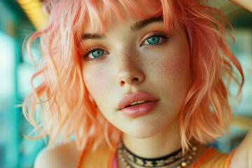 Fototapeta premium Close up fashion-style portrait of young woman with blue eyes, peach-colored hair and lipstick and freckles on her face