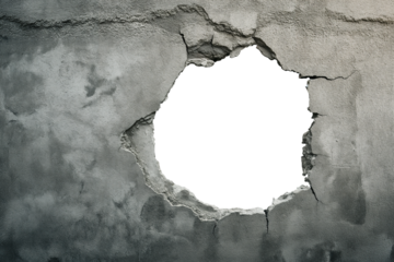 torn hole in a old cracked concrete wall. Peeling old wall. Cracked and peeling, Grunge wall texture. Worn aged post apocalyptic texture background with a hole in the wall. round hole