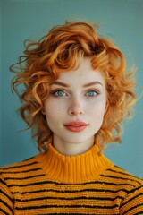 Fototapeta premium Fashion-style portrait of young woman with orange hair and lipstick, blue eyes and freckles, wearing orange sweater with black stripes on a turquoise background
