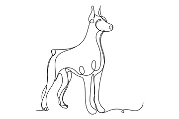 Doodle One Line Drawn Doberman Dog Portrait. Black Curve Editable Line Doberman Dog Face Sketch Silhouette Isolated on White background. Brave Domestic Guardian Pet Dog Symbol Line Art Drawn Icon