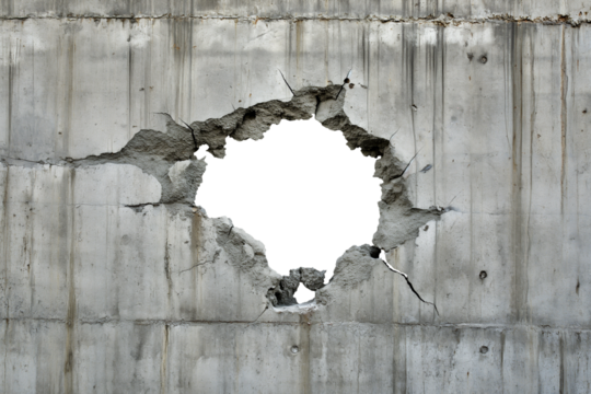 torn hole in a old cracked concrete wall. Peeling old wall. Cracked and peeling, Grunge wall texture. Worn aged post apocalyptic texture background with a hole in the wall. horizontal view