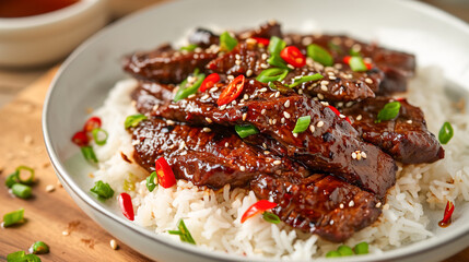 Mongolian beef with sweet and savory spicy soy sauce and garlic glaze served on rice. Popular Asian dish - obrazy, fototapety, plakaty
