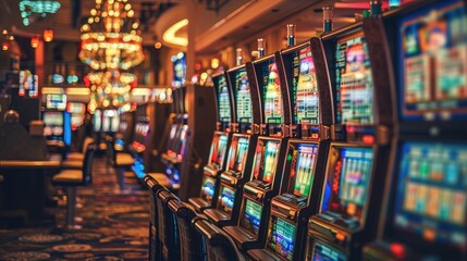 Rows of Colorful gambling Slot Machines in a Casino Hall