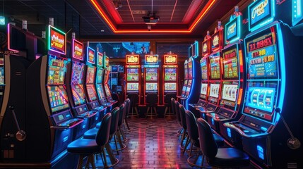 Rows of Colorful gambling Slot Machines in a Casino Hall