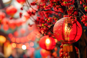 Red lanterns during Chinese lantern festival - obrazy, fototapety, plakaty