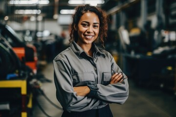Portrait of a smiling female engineer in auto part factory - obrazy, fototapety, plakaty