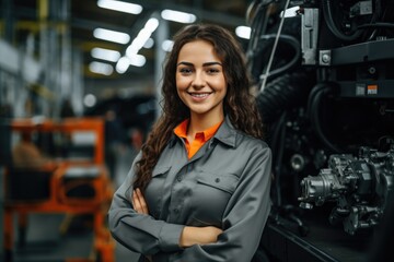 Portrait of a smiling female engineer in auto part factory