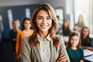 Obraz premium Portrait of a young smiling female teacher in classroom with students