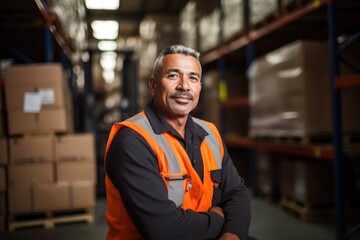 Fototapeta premium Smiling male warehouse worker in high visibility vest