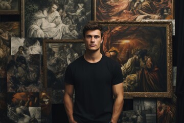 Portrait of a male painter posing in front of his paintings