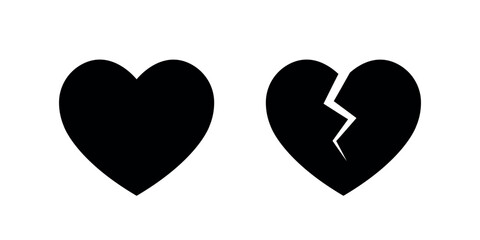 black heart icons, broken heart, love symbol, cracked heart icon, heartbreak, flat vector icon