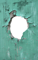 torn hole in a old cracked mint green concrete wall. Peeling old mint green paint. Cracked and peeling, Grunge wall texture. Worn aged post apocalyptic texture background with a hole in the wall. - obrazy, fototapety, plakaty