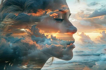 Foto op Aluminium Silhouette of a woman's head with a cloudy landscape, symbolizing frustration, mood swings, human and natural turmoil. © Olena